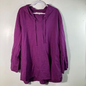 Womens Flax V Tie Neck Hooded Linen Tunic L Magenta Long Sleeve
